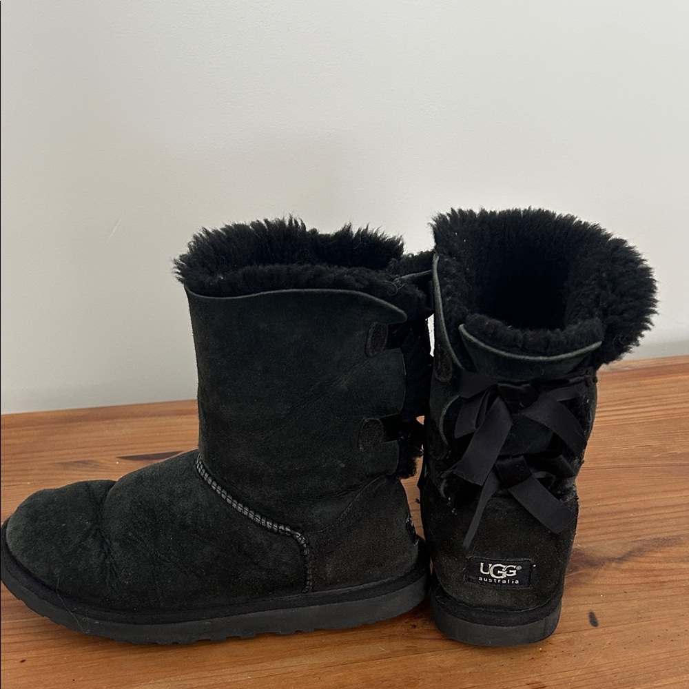 UGG Black Boots with Fur and Ribbon